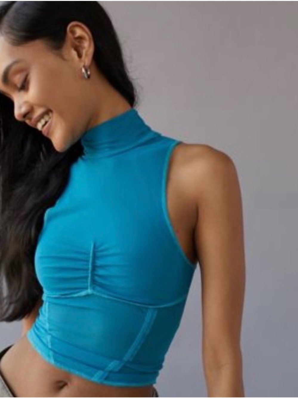 Urban Outfitters Teal Mock Neck Ruched Crop Tank